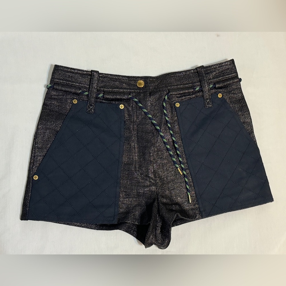 Kenzo High-Waist Geometric Patch Pocket Shorts Navy Gold Nylon Drawstring Sz 28"